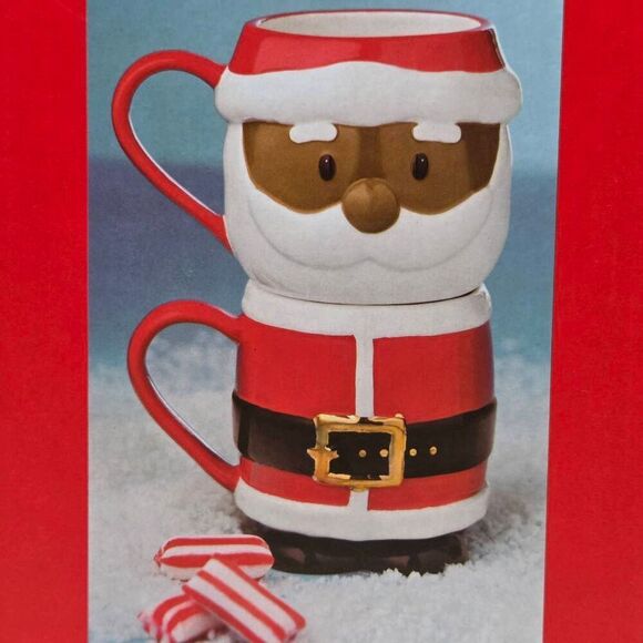 HOLIDAY LANE MACYS CHRISTMAS BLACK AFRICAN AMERICAN SANTA 2 STACKABLE MUGS NEW - Picture 2 of 4